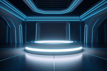 Glowing podium with blue neon lights decor in dark room. Futuristic background template. Created with Generative AI technology