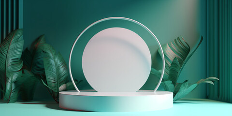Circle decor on white podium with tropical leaves decor around cyan background templates. Created with Generative AI technology