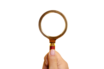 hand holding magnifier isolated on transparent background, search concept