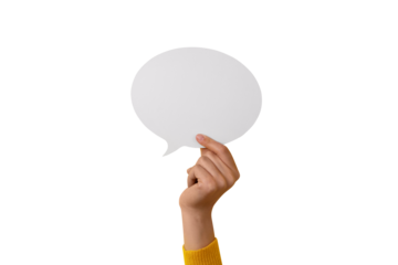 Dialogue icon, blank speech bubble in hand isolated on transparent background