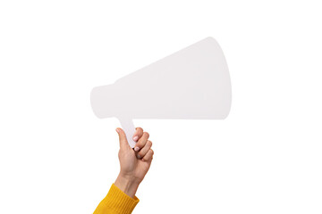 megaphone in hand isolated on transparent background, attention advertisement concept