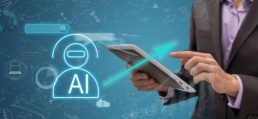 AI, Artificial Intelligence and machine learning, Businessman holds a smart phone with artificial intelligence data to control the robot to work in factory, Innovative of technology and futuristic.