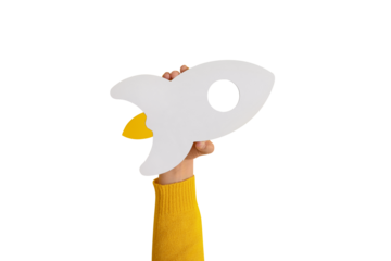hand holding rocket isolated on transparent background, startup idea