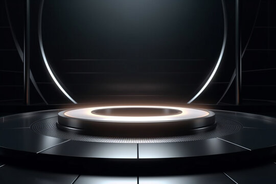 Glowing round podium with black titanium indoor setting. Sci fi futuristic background template. Created with Generative AI technology