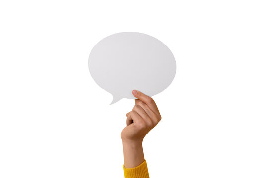 Dialogue icon, blank speech bubble in hand isolated on transparent background
