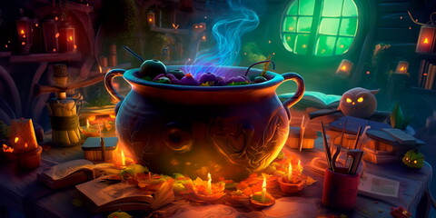 Halloween background with a witch's cauldron, spell books, and bubbling potions. Generative AI