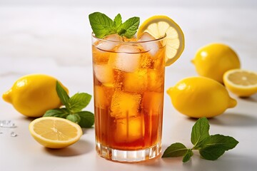 Iced tea with lemon slice and mint . Generative AI
