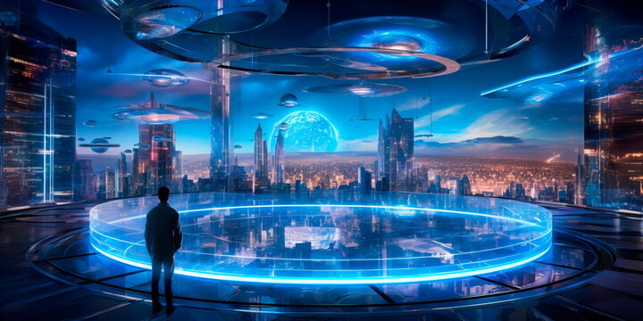 landscape with holographic displays and interactive interfaces, depicting a world driven by cutting-edge advancements. Generative AI