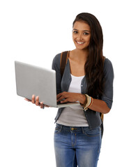 Fototapeta premium Woman, laptop and portrait with university elearning and study with technology and backpack. Young female student, computer and isolated on a transparent, png background with a smile from education