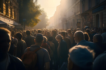 Obraz na płótnie Canvas Silhouettes of a crowd of people on the streets of the city in the afternoon. Generative AI.
