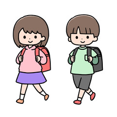 歩く小学生の女の子と男の子
