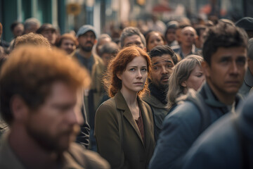 Red-haired girl in a crowd of people look. Generative AI.