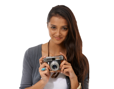 Photography, retro camera and woman portrait with a smile isolated on a transparent, png background. Creative, photographer and taking photo with young female person feeling proud from picture work