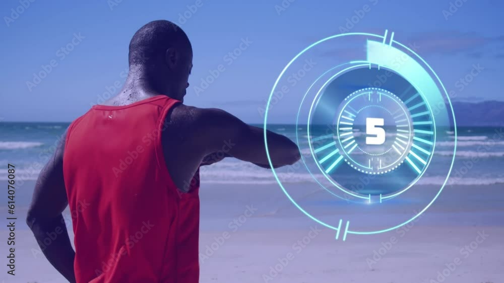 Poster Animation of data loading clock over running african american man using smartwatch