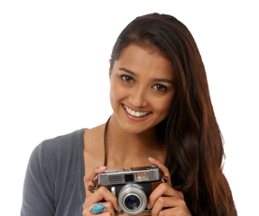 Photography, retro camera and woman portrait with a smile isolated on a transparent, png background. Creative, photographer and taking a photo with a young female person feeling happy from picture