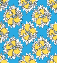 Fototapeten Seamless texture with bunch of outline yellow lemons with foliage on blue background. Vector pattern with contour bush of citrus fruits with leaves. © veleri_kz