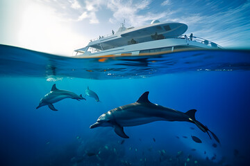 Frisky cheerful dolphins swim underwater, on the surface of an expensive luxury luxury yacht. Generative AI.