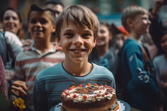 Happy boy at his birthday blowing out a birthday cake with candles surrounded by a large family and relatives and friends. Generative AI.