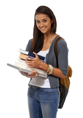 Woman, books and student portrait with college and study with info and backpack. Young female...