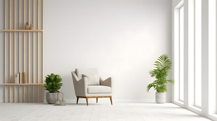 Modern minimalist interior with an armchair on empty white color wall background. © Prasanth