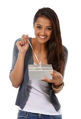 Woman, excited portrait and gift looking happy with a smile isolated on a transparent, png...