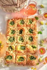 Sweet gooseberry yeast cake as summer dessert.