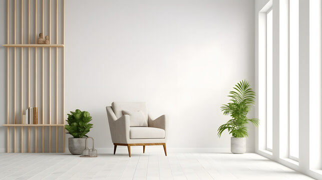 Modern minimalist interior with an armchair on empty white color wall background.