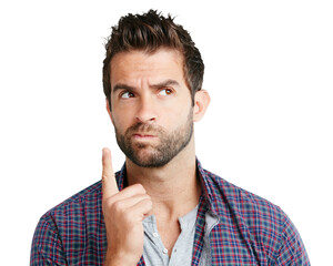 Confused, thinking and a man with an idea or plan isolated on a transparent png background. Young,...