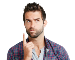Confused, thinking and a man with an idea or plan isolated on a transparent png background. Young, planning and an unsure person with doubt about a decision, contemplation or remember a memory