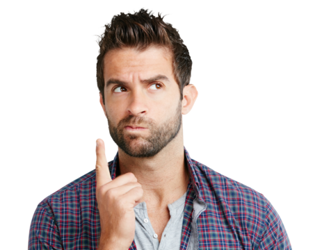 Confused, thinking and a man with an idea or plan isolated on a transparent png background. Young, planning and an unsure person with doubt about a decision, contemplation or remember a memory