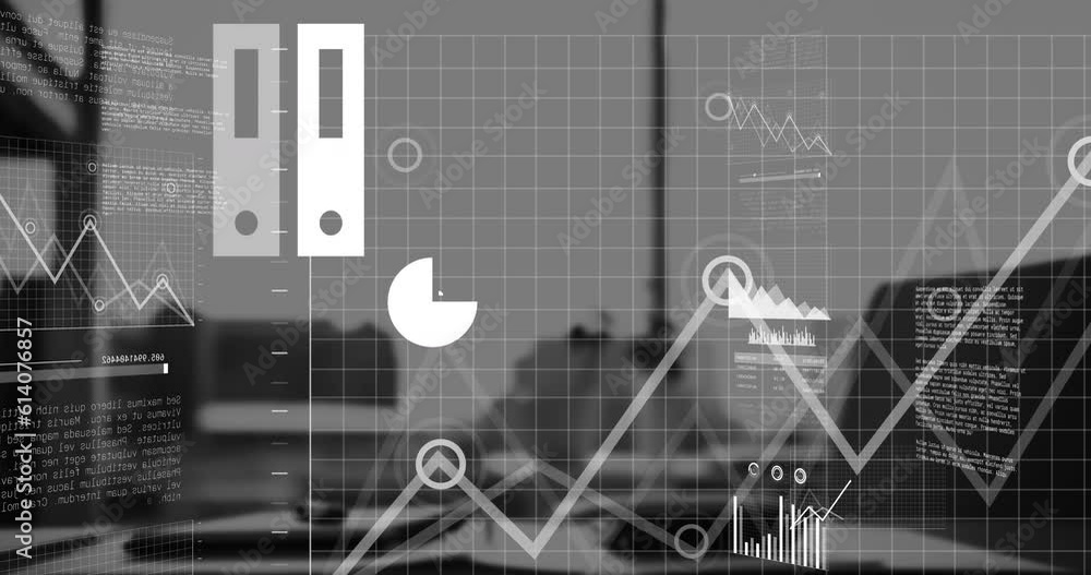 Poster animation of data processing against close up of a desk at empty office