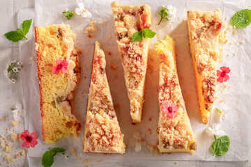 Tasty gooseberry butter cake served with milk.