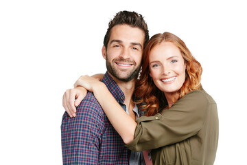 Isolated couple, hug and smile in portrait with bond, care and love by transparent png background....