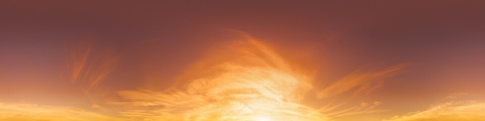 Sunset sky panorama with dramatic bright glowing pink Cirrus clouds. HDR 360 seamless spherical panorama. Full zenith or sky dome for 3D visualization, sky replacement for aerial drone panoramas.