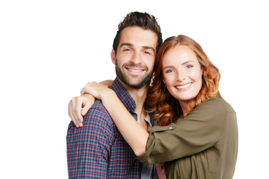 Isolated couple, hug and smile in portrait with bond, care and love by transparent png background. Happy ginger woman, man and embrace with excited face, romance and together for date with fashion