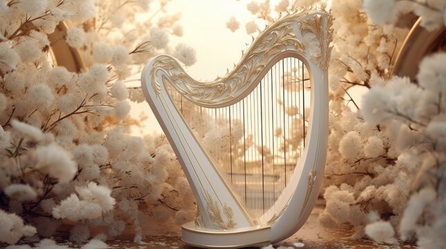 A harp surrounded by white flowers and feathers