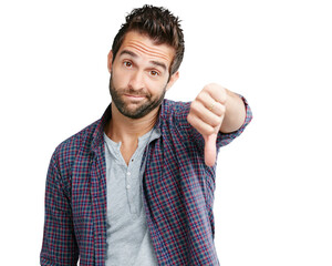Isolated man, portrait and reject with thumbs down, sign language and choice by transparent png...