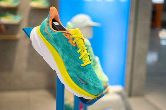 Thailand - June 2023: "Hoka" the famous running equipment brand is launch, display and sale the new model of performance running shoe at the flagship store in Bangkok.