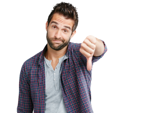 Isolated man, portrait and reject with thumbs down, sign language and choice by transparent png background. Young guy, negative and dislike with icon, hand emoji and wrong decision with bad review