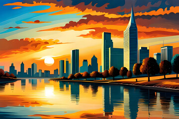 Cityscape with skyscrapers and lake at sunset, vector illustration, generative ai