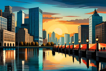 Cityscape at sunset with reflection in the water. Vector illustration, generative ai