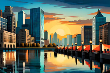 Obraz premium Cityscape at sunset with reflection in the water. Vector illustration, generative ai