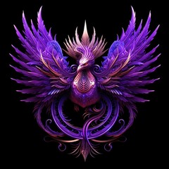 Phoenix sculpture with purple feathers on a black background