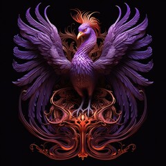 Phoenix sculpture with purple feathers on a black background