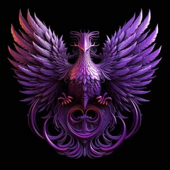 Phoenix sculpture with purple feathers on a black background