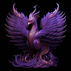Phoenix sculpture with purple feathers on a black background