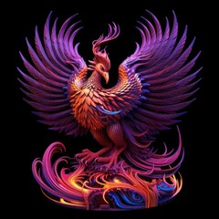 Phoenix sculpture with purple feathers on a black background