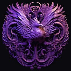 Phoenix sculpture with purple feathers on a black background