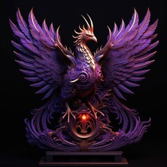 Phoenix sculpture with purple feathers on a black background