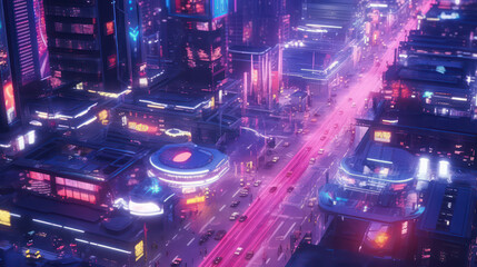 Fototapeta na wymiar A spectacular bird’s eye view of a futuristic city in cyberpunk style with skyscrapers and neon lights. This image showcases the atmosphere and aesthetic of a sci-fi world AI Generative